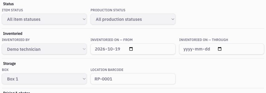 Actual inventoried-by date box and location barcode fields