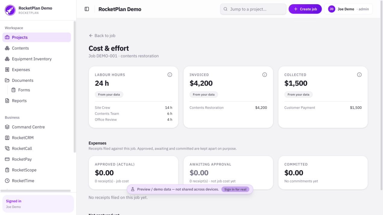 RocketPlan cost and effort workspace